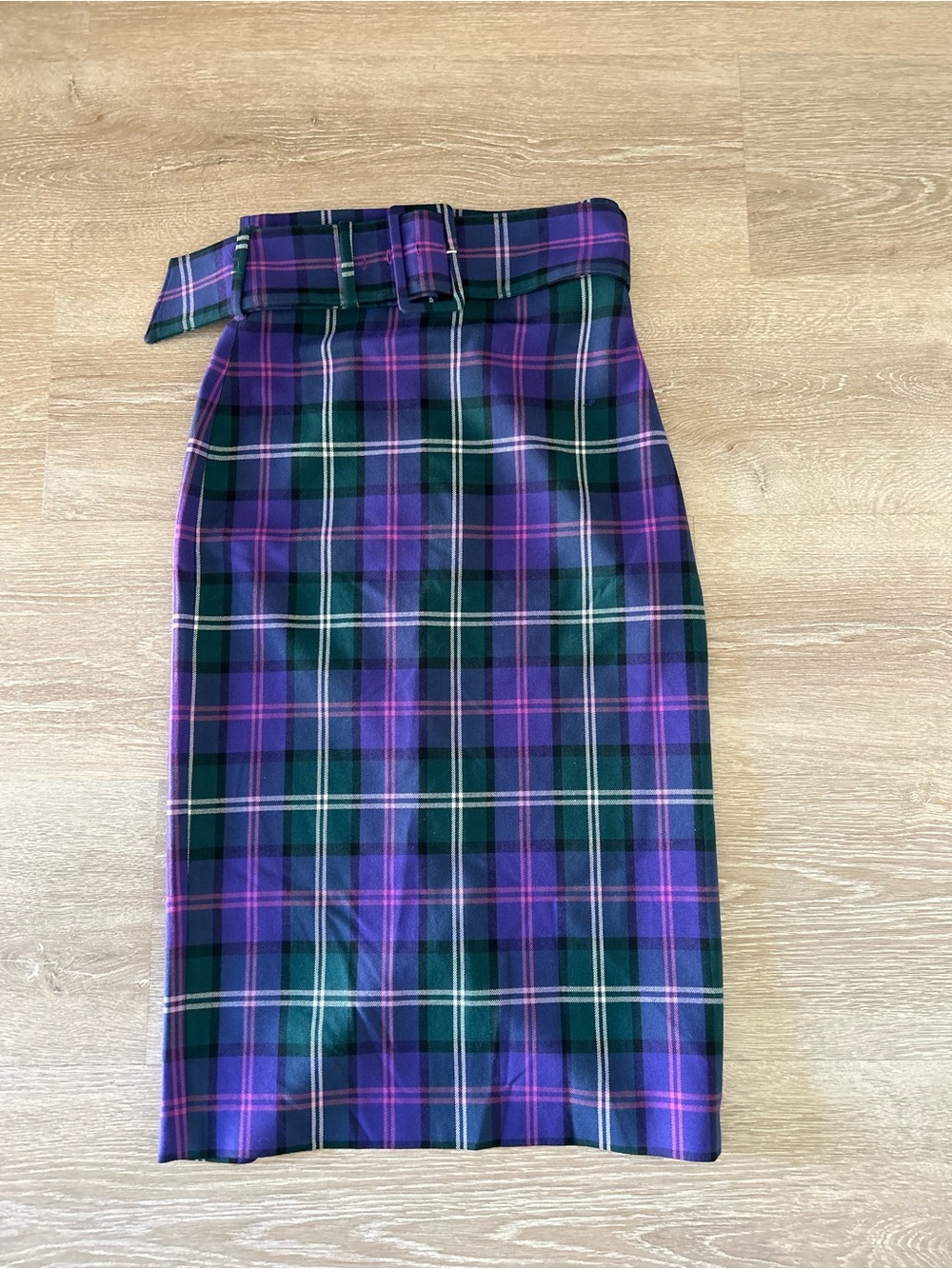 Zara Purple and Green Plaid High-Waist Pencil Skirt with Belt